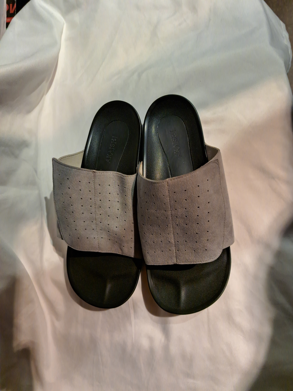 Gray Suede Slide Sandals with Black Footbed Akaishi